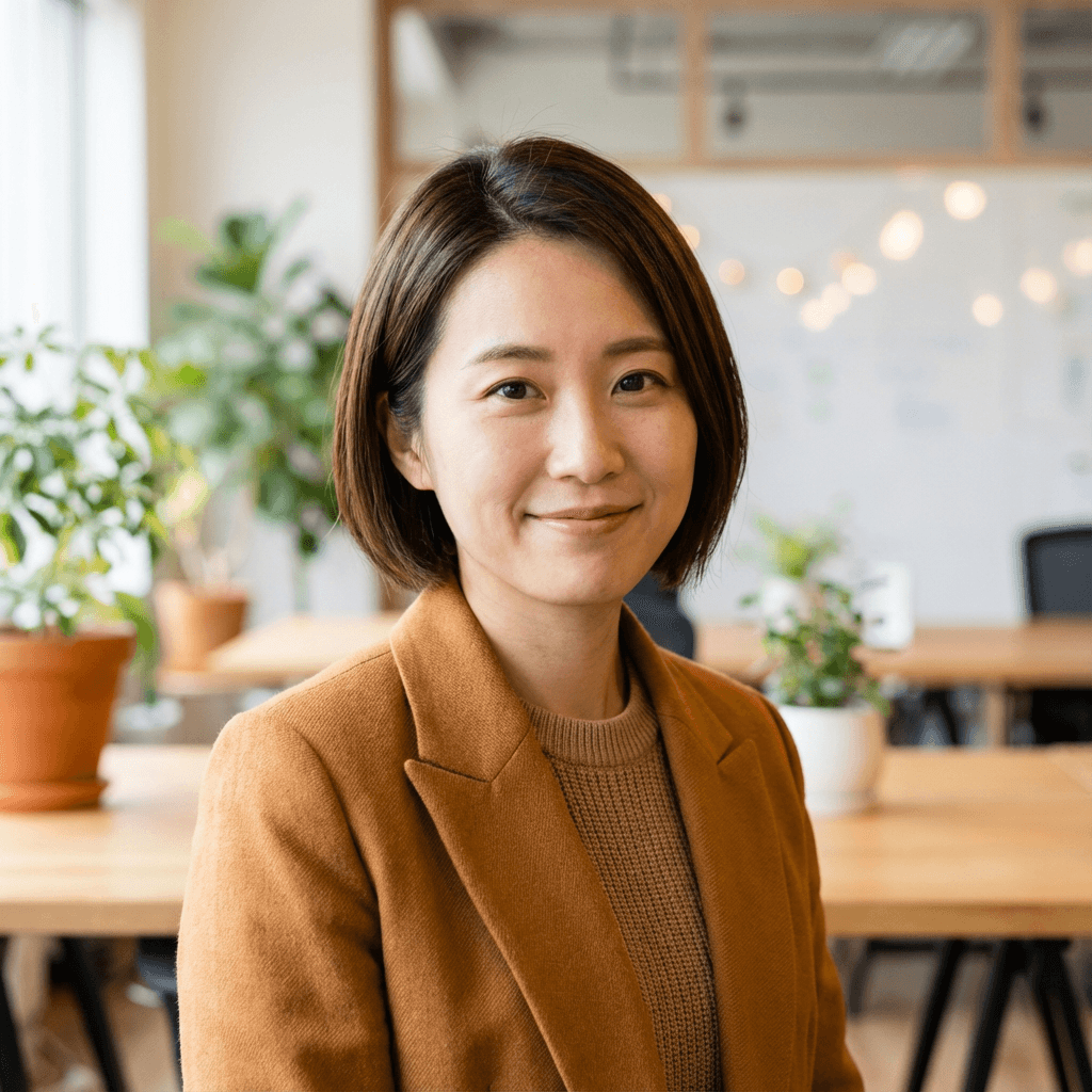 Warm natural light portrait of a female business owner in her early 40s, East Asian, smiling confidently in a bright retail workspace