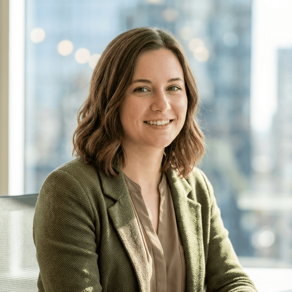 Soft window light portrait of a female office manager in her late 30s, White, wearing smart casual attire in a tidy office