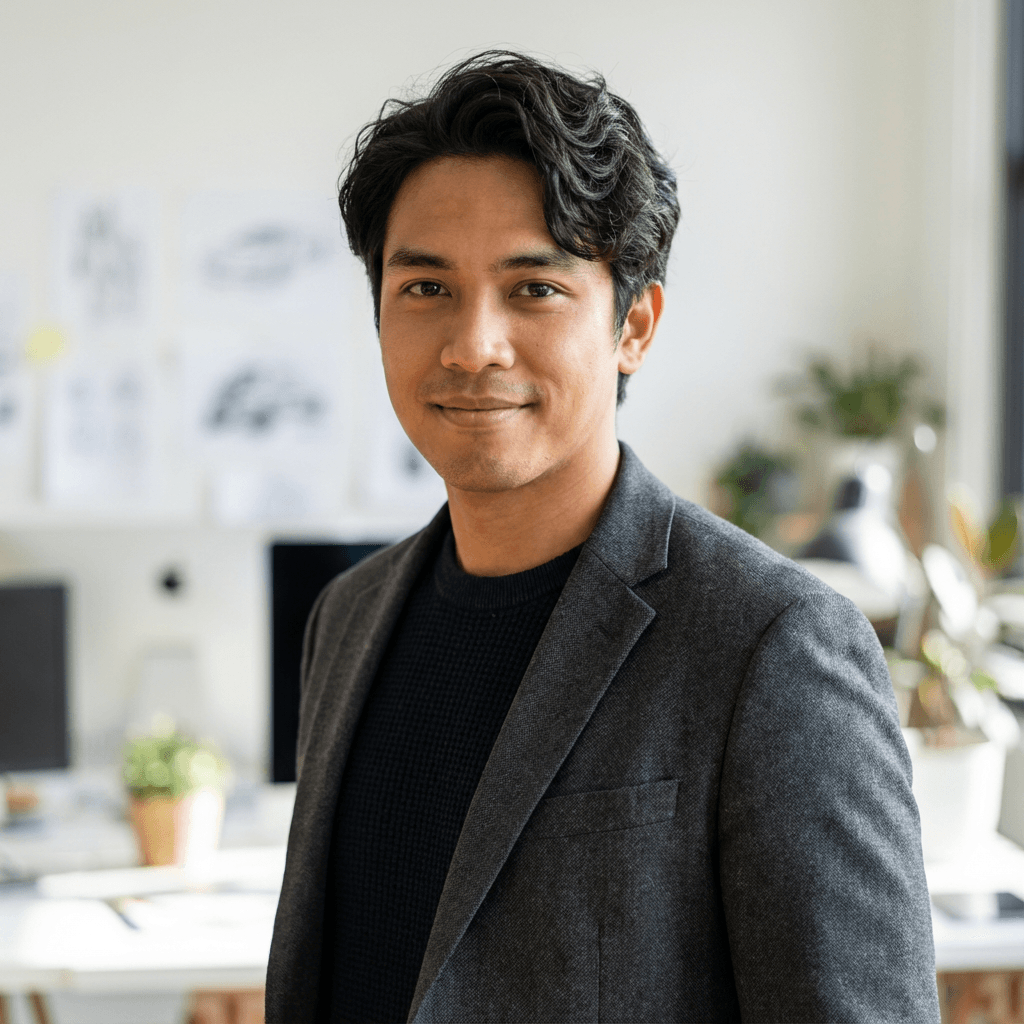 Marcus Chen in his early 40s, East Asian, composed expression, studio background