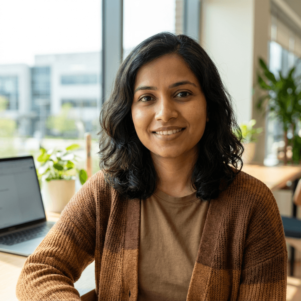 Priya Patel in her mid 30s, South Asian, friendly expression, office setting