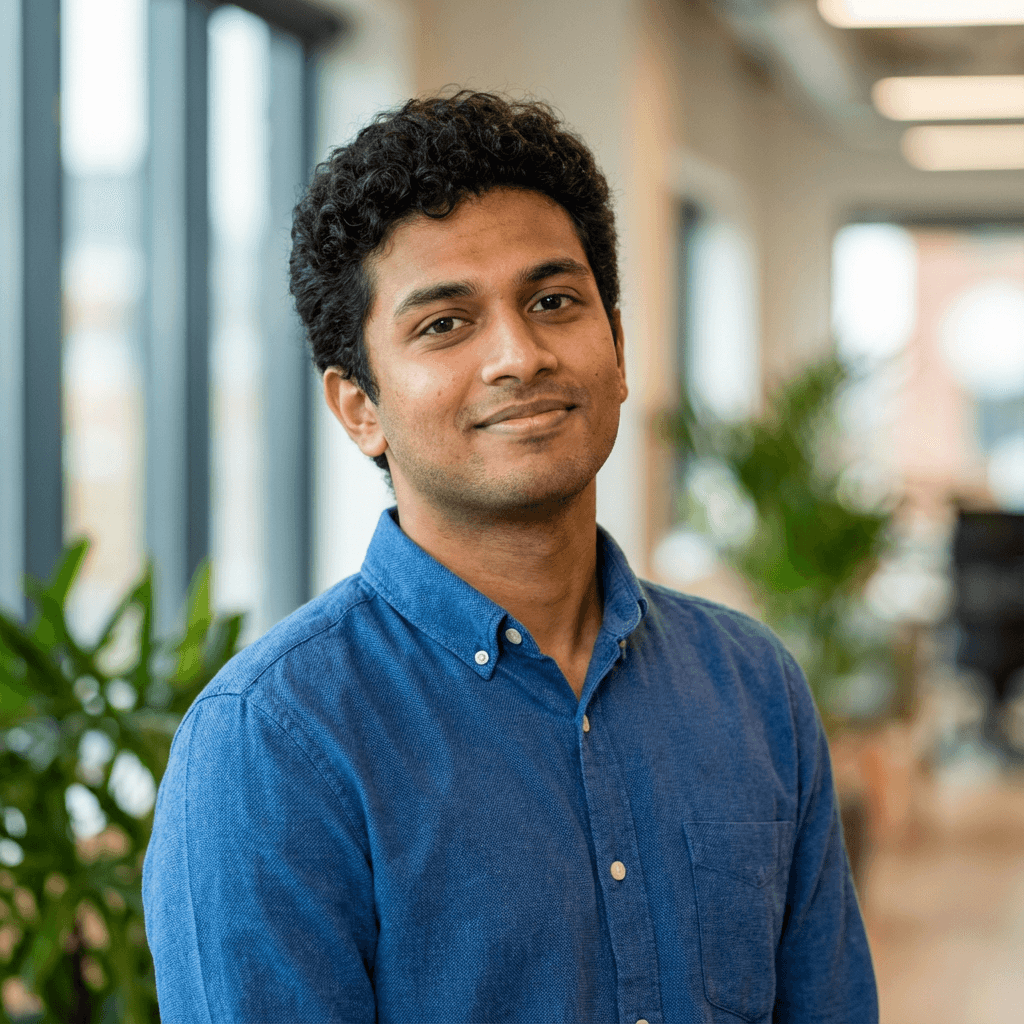 Natural daylight portrait of a male marketing professional in his mid 30s, South Asian, standing in a modern office with product shelves in the background