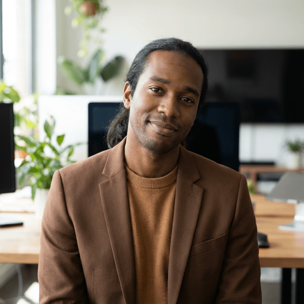 David Okafor in his late 30s, Black, professional demeanor, office setting