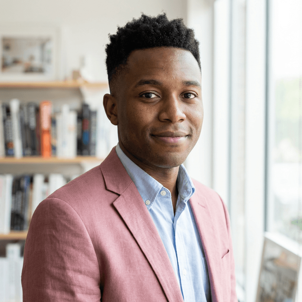 Portrait of a male startup founder in his early 30s, Black, wearing a casual button-down shirt in a bright warehouse setting