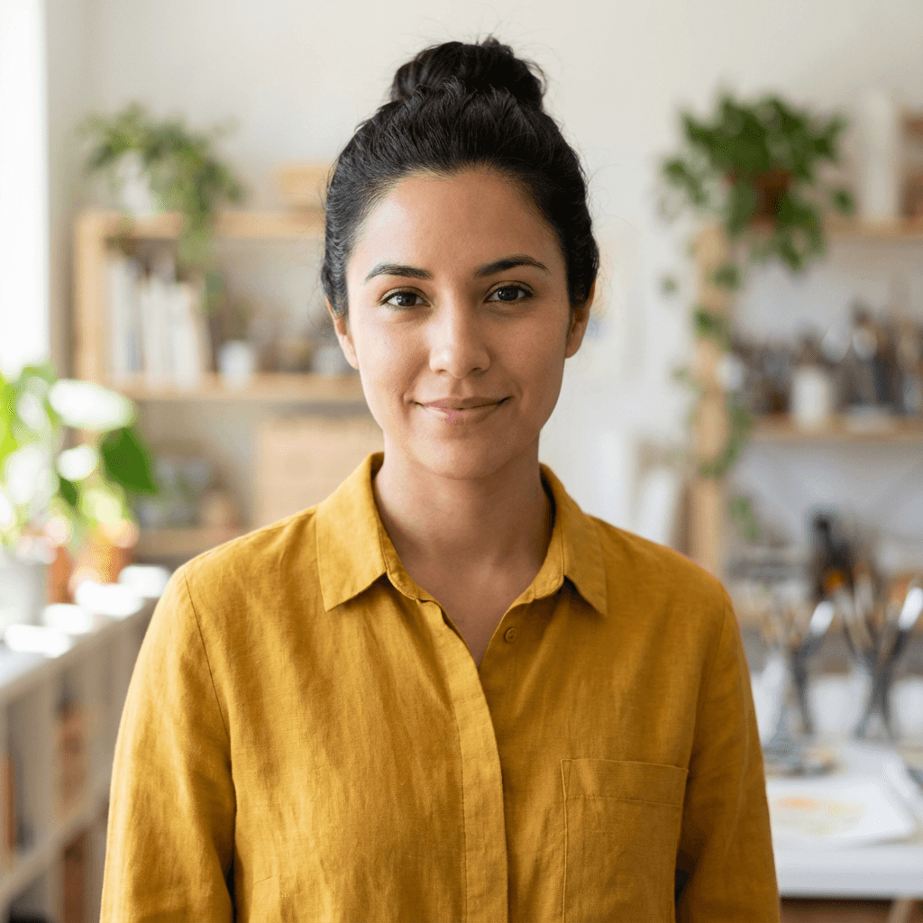 Emily Rodriguez, owner of Casa Verde Skincare, in a bright product studio