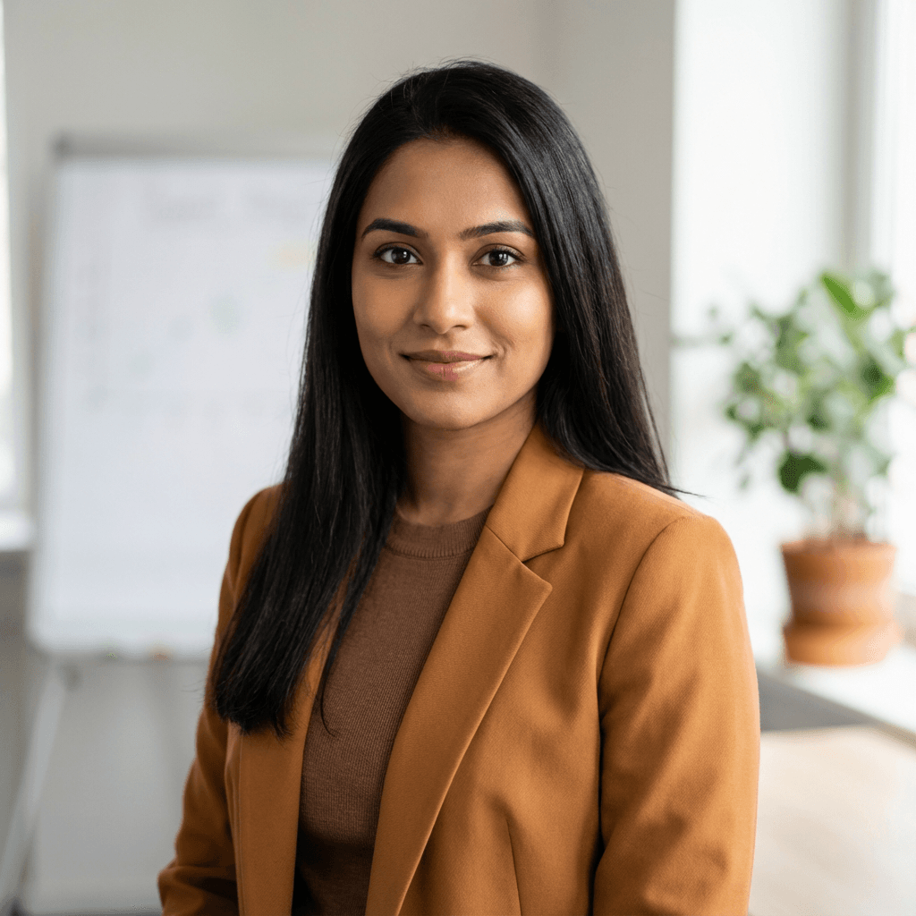Priya Sharma in her mid 30s, South Asian female, in a bright studio