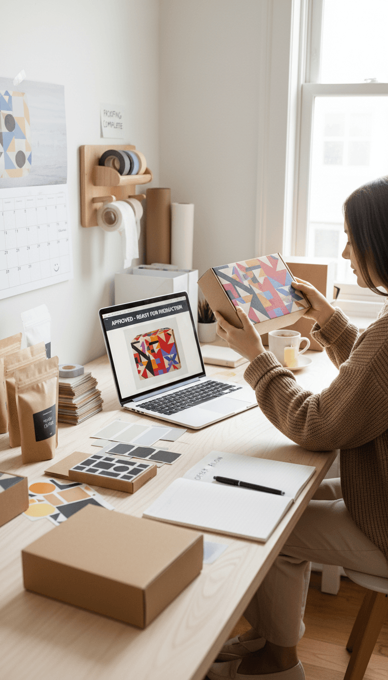 Workspace with packaging samples and a digital proof on a laptop