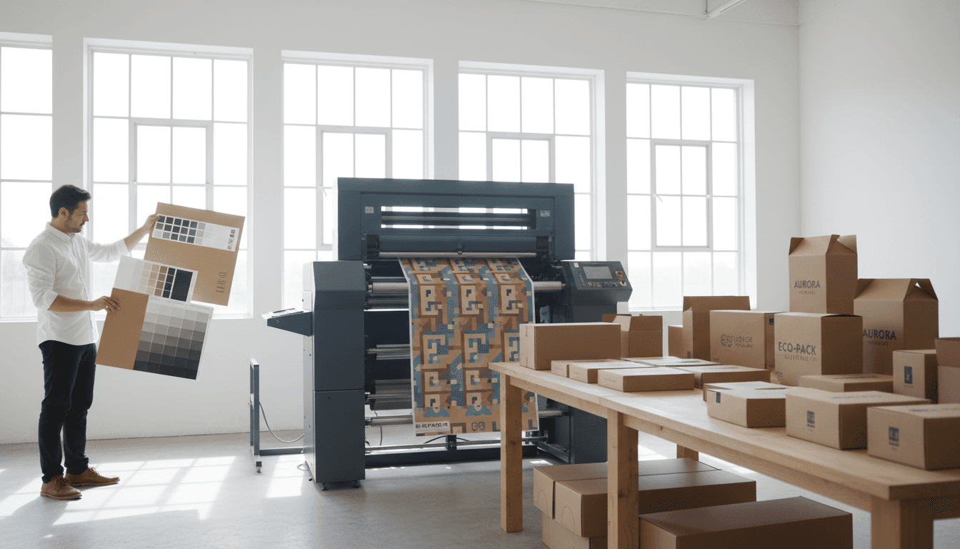 Custom printed packaging boxes on a table in a Toronto print studio