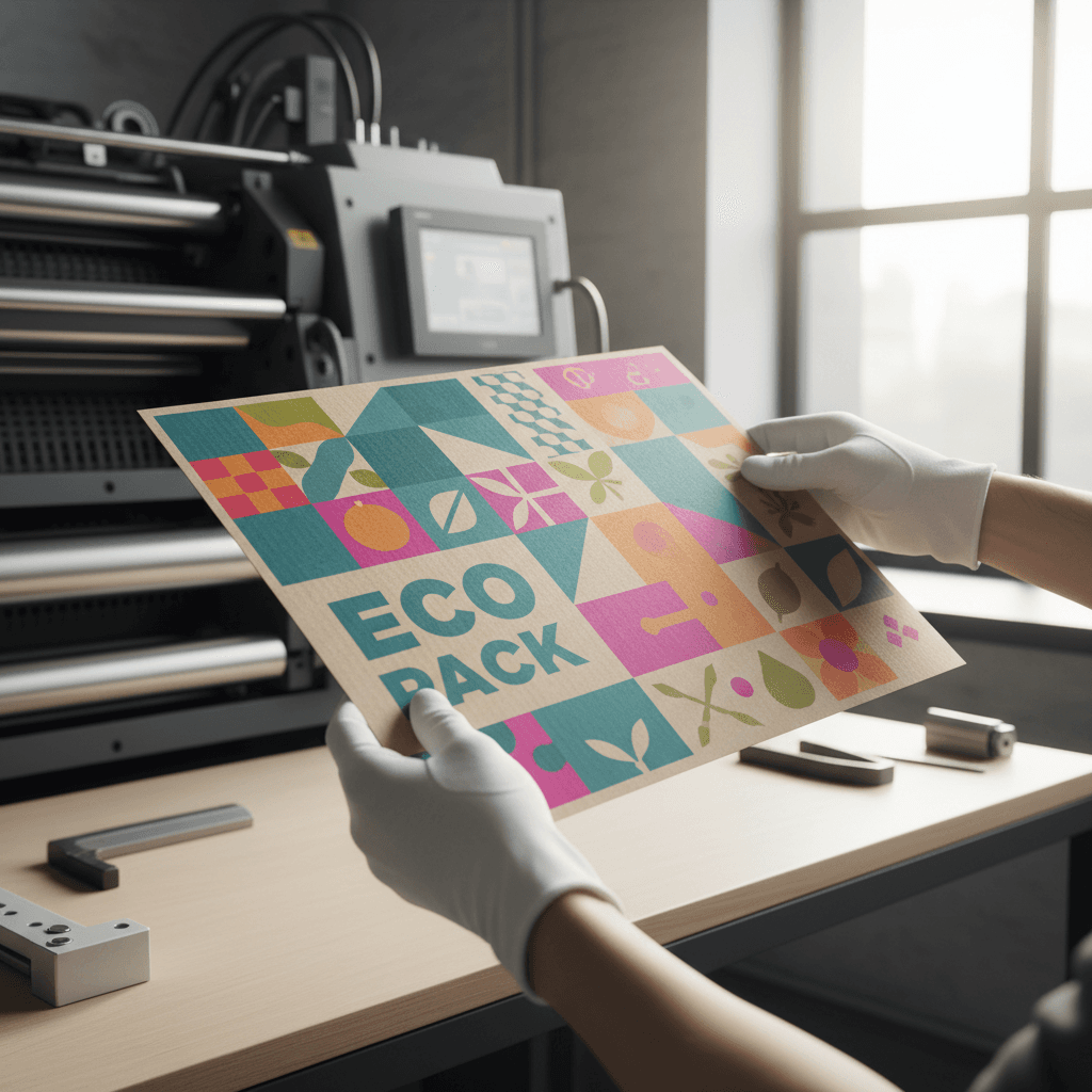Close-up of hands inspecting a freshly printed branded box