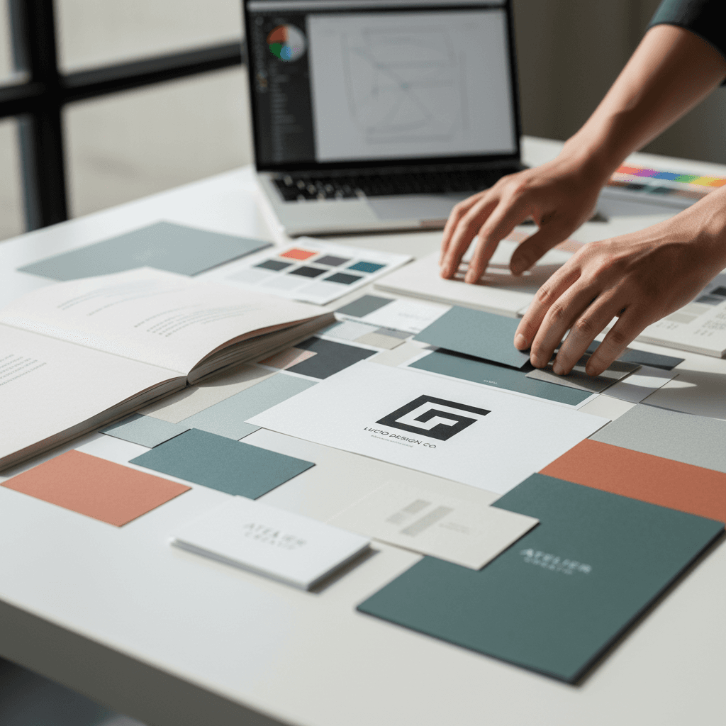 Designer reviewing printed packaging samples at a studio desk
