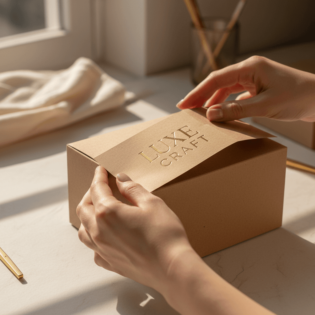 Close-up of hands holding a custom printed cardboard box